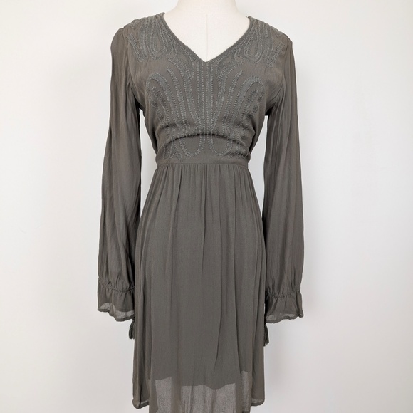 EDC Mini Dress Olive Khaki Green V-Neck Balloon Sleeve Embroidered Long Sleeve - Picture 10 of 13